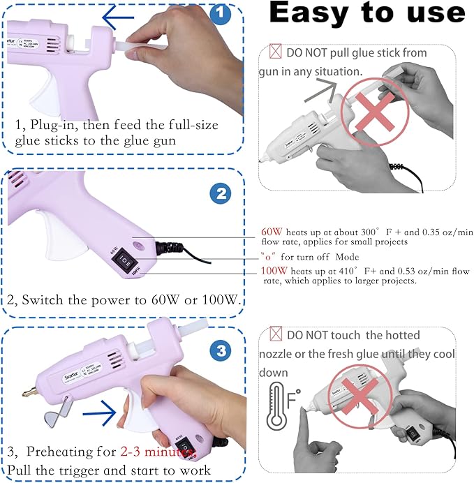 Full Size Hot Glue Gun with 60W/100W/OFF Switch, 9.8ft Extra-long Power Cord Industrial Glue Gun with 2 Nozzles, 15 Glue Stick, Dual Power High Temp Hot Melt Glue Gun Large with Case for Craft, Purple