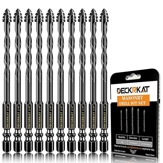 DECKRKAT Upgraded 10-Pack 1/4 Inch Black 4-Flute Serrated Masonry Drill Bits - Concrete, Tile, Glass, Brick, Ceramic, Plastic, Wood