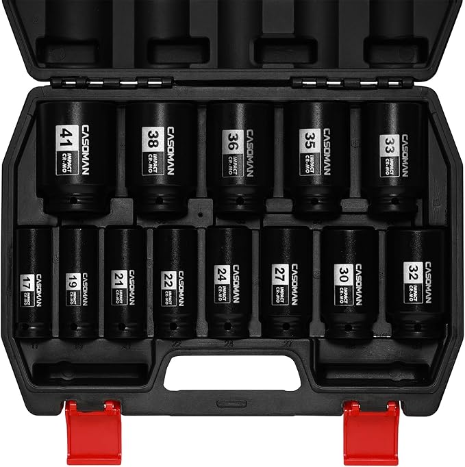 CASOMAN 1/2??Drive Deep Big Impact Socket Set, 13-Piece Large Spindle Axle Nut Impact Wrench Socket Set, 6 Point, CR-MO, Metric, 17mm - 41mm