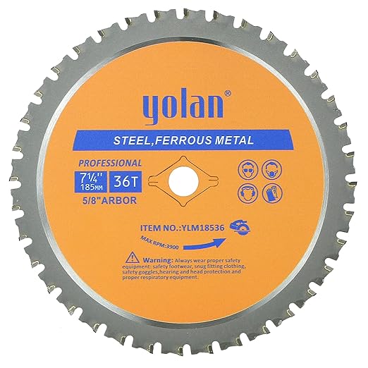 Yolan 7 1/4” Metal Cutting Circular Saw Blade, 7-1/4-Inch 180 Blade,36-Tooth,Carbide Tipped, 5/8-Inch Arbor, Diamond Knockout Arbor for TCT Miter Saw Blade, Cutting Ferrous Metal & Steel