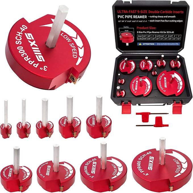 9Pcs Double Blade PVC Pipe Reamer, 1/2inch, 3/4inch, 1inch, 1-1/4inch,1-1/2inch, 2inch, 2-1/2inch,3inch, 4inch Head Aluminum, Fitting Saver, Socket Saver For SCH40, ABS PVC Pipe