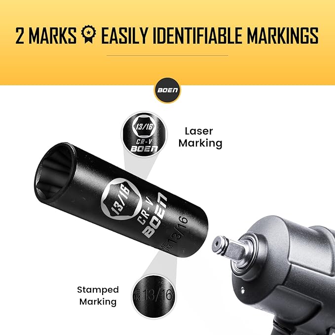 BOEN 1/2" Drive Deep Impact Socket,13/16 Inch Premium Socket,SAE,6 Point,Cr-V Steel with Laser Marking - Strong and Durable
