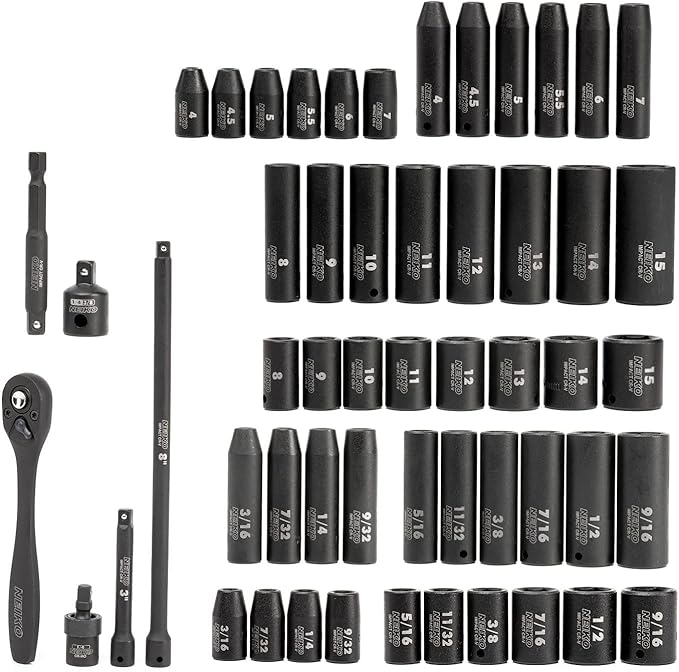 NEIKO 02437A 1/4 Drive Impact Socket Set 54 Piece Metric & Standard, Deep & Shallow Chrome Vanadium Steel 3/8??to 1/4??Reducer Hex Shank Adapter, Metric and Standard, Deep Socket Set