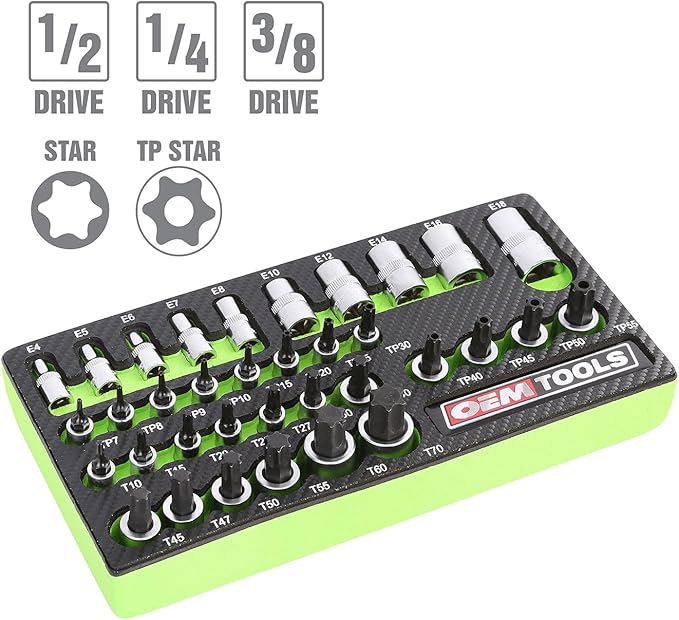 OEMTOOLS 23991 35 Piece Multi-Drive Star Socket Set, Torx Socket Set with EVA Foam Tray, Designed to Fit in Cabinets and Tool Boxes, Easy Identification