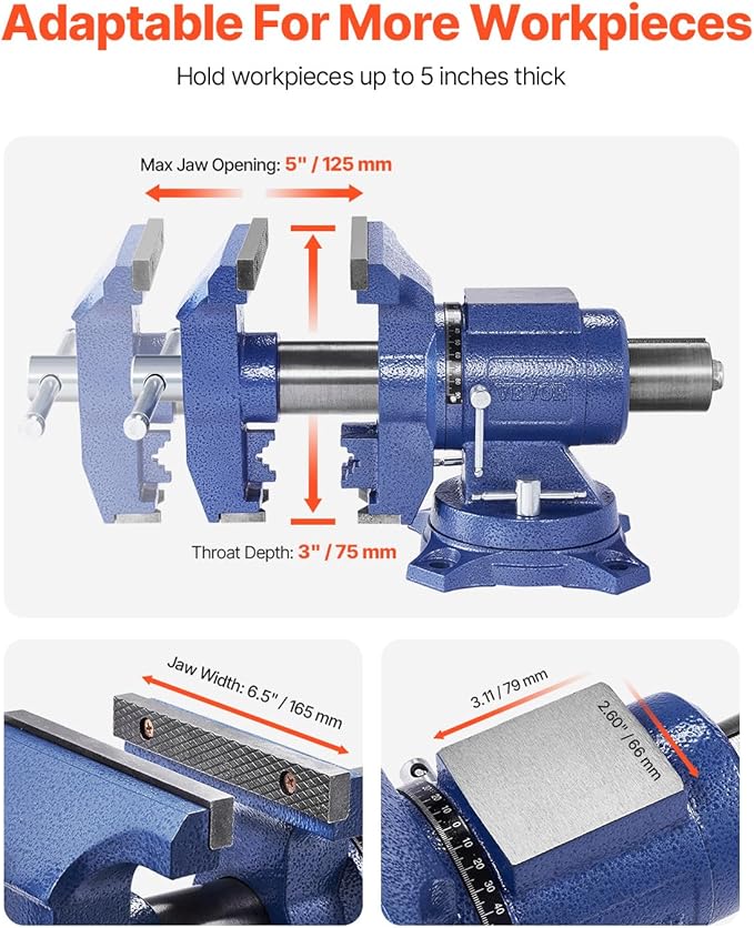 VEVOR Heavy Duty Bench Vise, 6-1/2" Jaw Width, 5" Max Jaw Opening Multi-Purpose Ductile Iron Bench Vise with Anvil, 360째 Swivel Base Head, 3" Throat, 5620 lbs Clamp Force, for Pipe Repairing