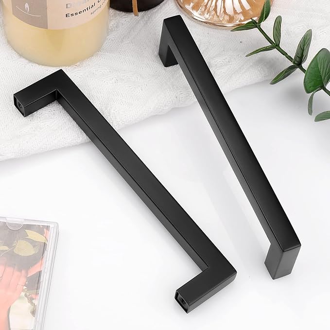 Probrico (5 Pack) Matte Black Square Drawer Pulls 6-3/10 Inch(160mm) Hole Center Cabinet Handles for Kitchen Bathroom Stainless Steel Modern Cabinet Hardware