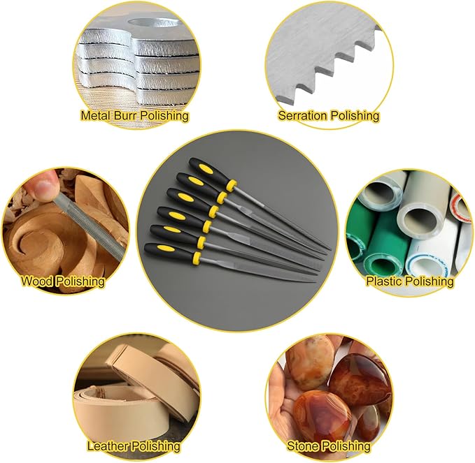 Mini Hand Files, 6pcs, Total 6.3in, Strength Alloy Steel Needle File Set, Small Metal File Tools for Detailed Tasks, Includes Round, Bi-Half Round, Flat, Square, Flat Warding, Triangular