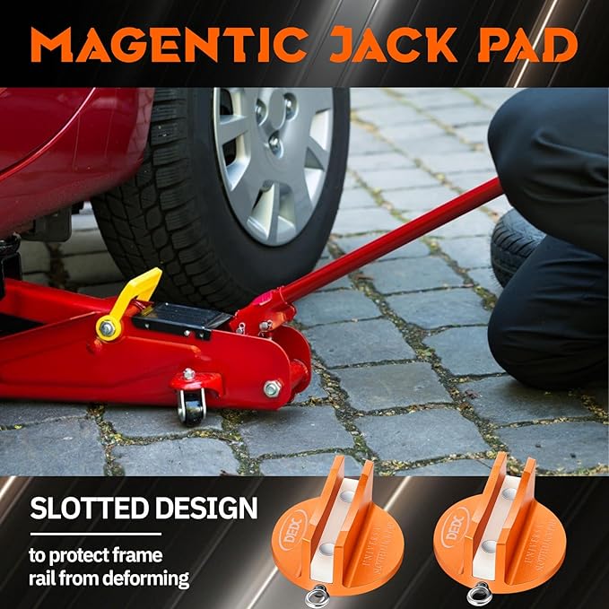 DEDC Universal Aluminum Grooved Magnetic Jack Pad 4 Pcs, Jack Pinch Weld Adapter, Frame Rail Protector with 4 Reminder Streamers, Tools for Mechanics, Garage Accessories for Men