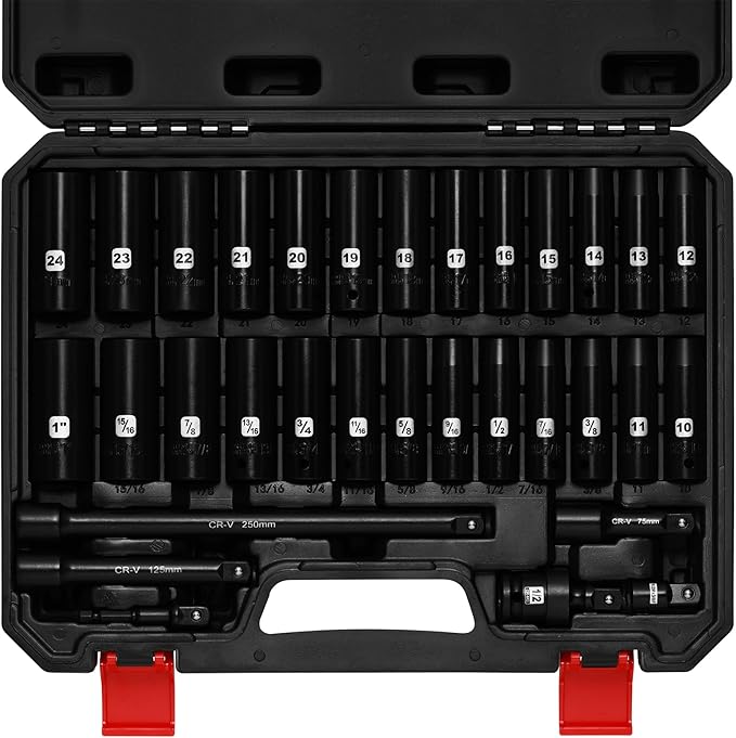EMENTOL 1/2" Drive Socket Set, 32-Piece Deep Impact Sockets, SAE(3/8"-1") & Metric(10-24mm), Including Extension Bars, Universal Joint, Drill&Socket Adapter, Cr-V Steel