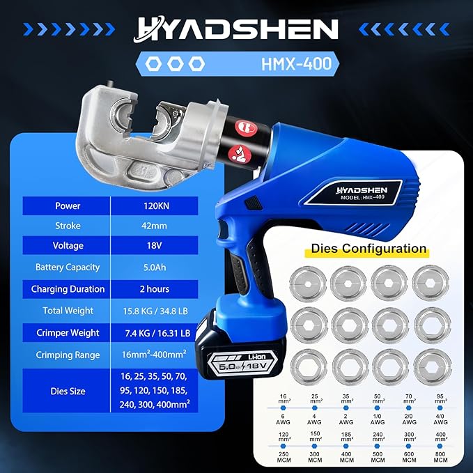 Electric Hydraulic Cable Lug Crimper Pliers Rechargeable Crimping Tool 12 Ton Electrical Terminal Cable Wire Fiber Crimper Kit with 12 Dies (HMX-400)
