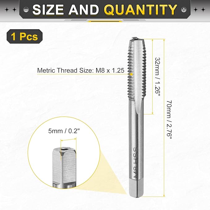 uxcell Hand Plug Tap M8 x 1.25 H2 Metric Thread Plug Style Taps Straight Flute Screw Tapping Threading Tool 9CrSi Alloy Tool Steel