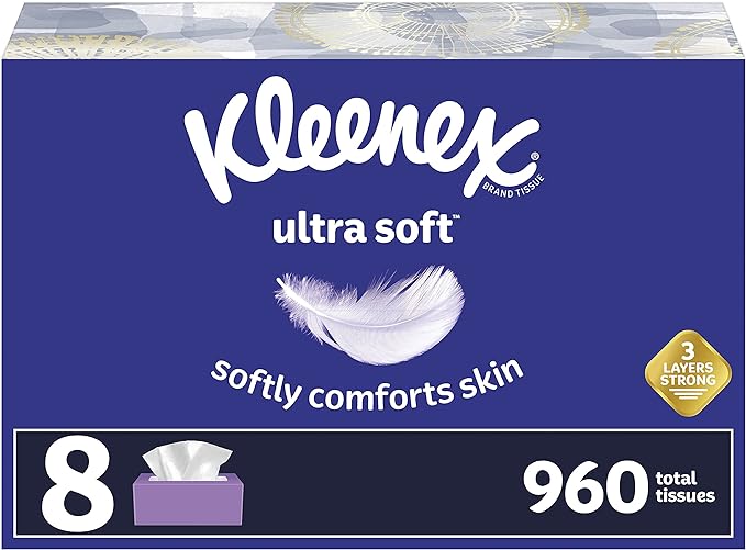 Kleenex Ultra Soft Facial Tissues, 8 Flat Boxes, 120 Tissues per Box (960 Total Tissues)