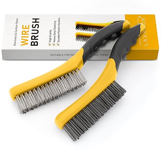 Wire Brush Set-Heavy Duty Stainless & Carbon Steel Bristles with Plastic Handle Grip for Rust, Wielding Slag, Dirt & Paint Scrubbing with Deep Cleaning ??10 Inches (Pack of 2-Yellow)
