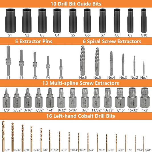 Screw Extractor Set, 55 Pieces Easy Out Bolt Extractor Set, Multi-Spline Extractors Remover for Removing Stripped Screws, Studs, Fittings and Lugs Extraction