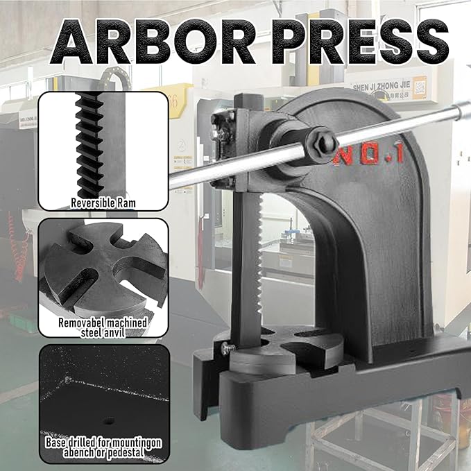 1 Ton Arbor Press with 3 Drift, Manual Cast Iron Arbor Press, 11.73"H Heavy Duty Manual Desktop Arbor Press, Manual Bench Press for Stretching, Deforming, Metal Punching (Black)