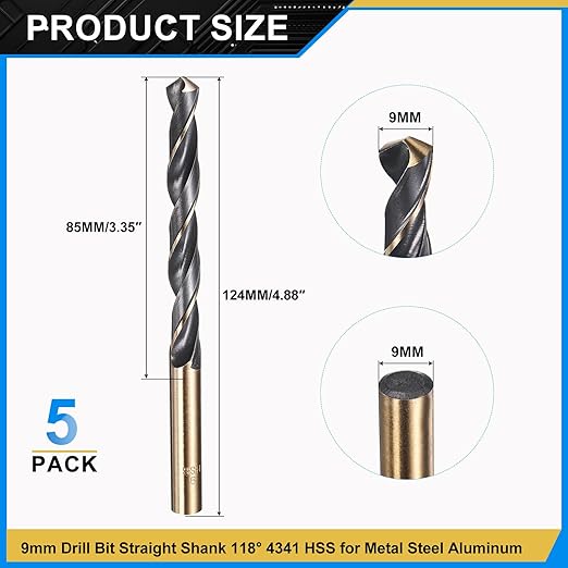 PATIKIL 9mm Drill Bit, Jobber Straight Shank 4341 High-Speed Steel 118째 Black and Gold Finish for Medium-Hard Metal Steel Acrylic - 5 Pack