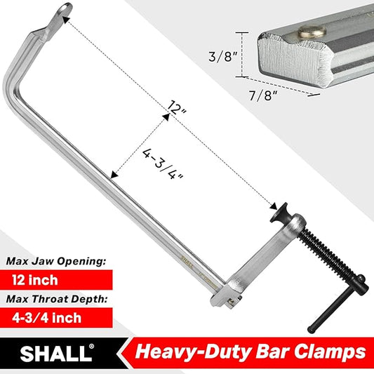 SHALL 12 In Heavy-duty Bar Clamps, 4-Pack Drop Forged Steel Welding F Clamps, All-Steel Thick Rail Wood Clamps with 1200Lbs Load Limit for Woodworking, Welding, Metal Working | 4-3/4" Throat