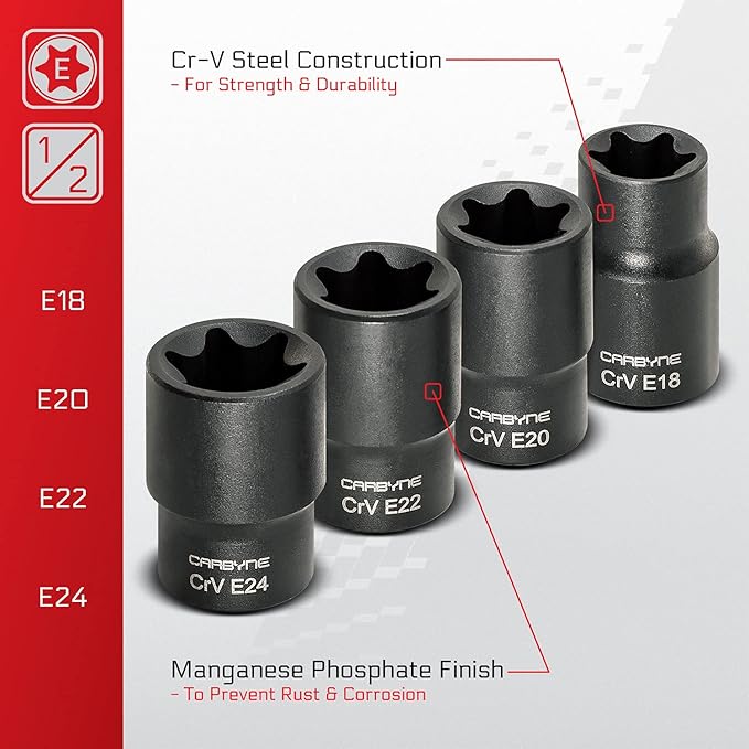 CARBYNE 13-Piece External Torx (eTorx, Female Torx) Socket Set, E4 to E24 | Chrome Vanadium Steel, 1/4, 3/8 & 1/2 inch Drive ??From a Family-Run Tool Company Based in the U.S.A.