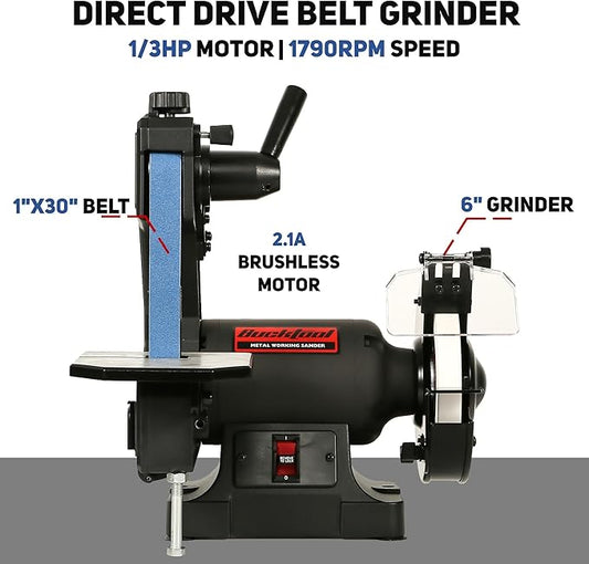 Bucktool Low Speed Bench Belt Grinder Combo, 2.1A 1x30 inch Belt & 6 inch Grinder, 1/3 HP Low Speed Bench Belt Disc Sander Combo for Knife Making, Sharpening, Woodworking, Metalworking