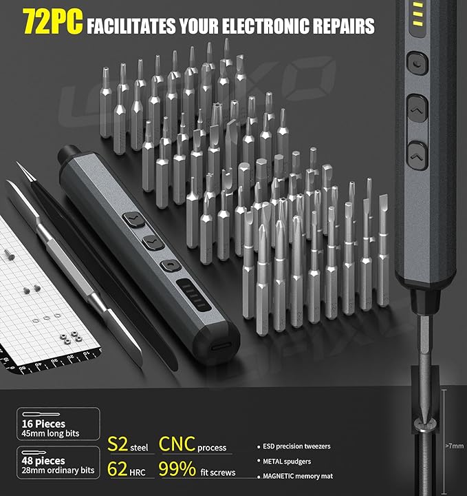 Electric Screwdriver Cordless Tool Set,72 PC Rechargeable Power Screwdriver Torx Phillips Triangle Pentalobe Automatic-Battery Electronics Kit for Macbook/Ps5/Xbox/Switch Computer Laptop Glasses