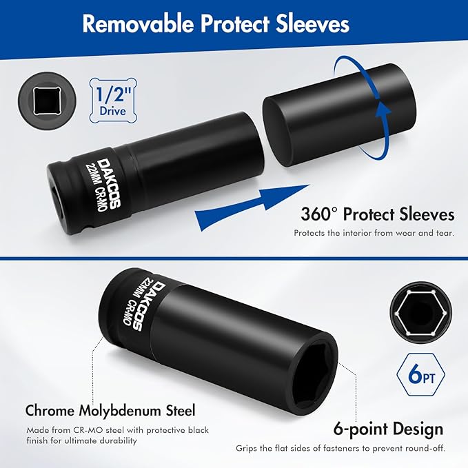 22mm Impact Lug Nut Socket, 1/2 inch Drive, With Protective Sleeves,CR-MO