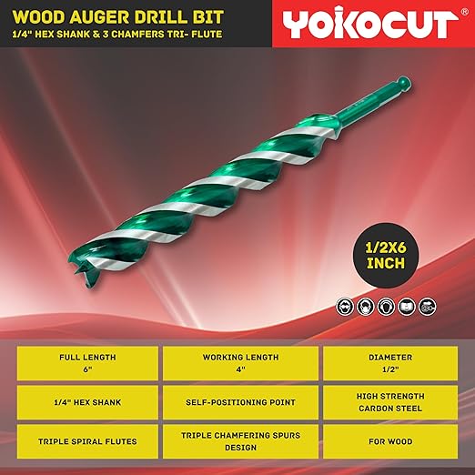 1/2" x 6" Auger Drill Bit, Hex Shank Tri-Flute Wood Drill Bits, Ship Auger Long Drill Bit for Soft and Hard Wood, Plastic, Drywall, Tree Stump and Composite Materials