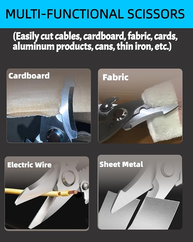 Scissors All Purpose Heavy Duty - Electrician Scissors for Cutting/Stripping Wires - Sharp Shears With Serrated Blades - Utility Snips Easy Cutting Carpet/Cardboard/Wires/Leather/Fabric (7.68In)