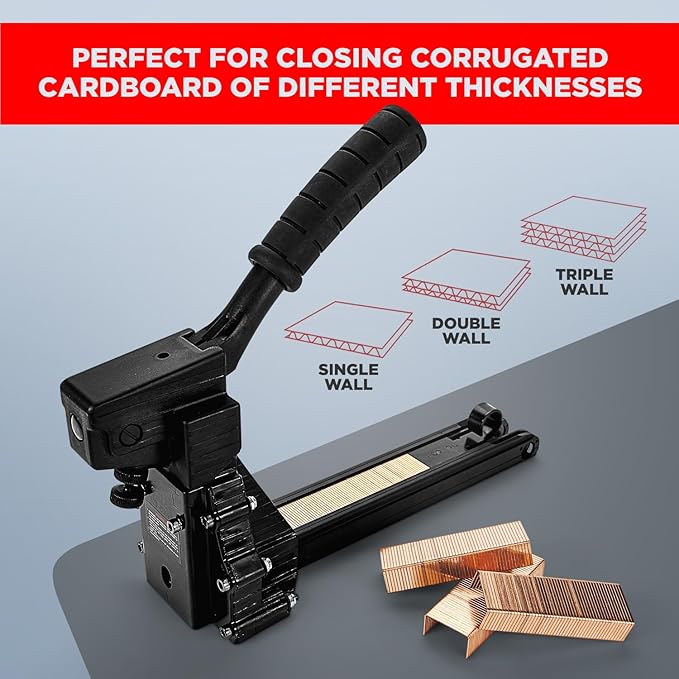 IDL Packaging HDCS-19-32 Heavy-Duty Manual Box Stapler for 1 1/4" (32 mm) Crown Staples - 3 Adjustable Depth Positions - Industrial Cardboard Stapler for Boxes and Carton Closing