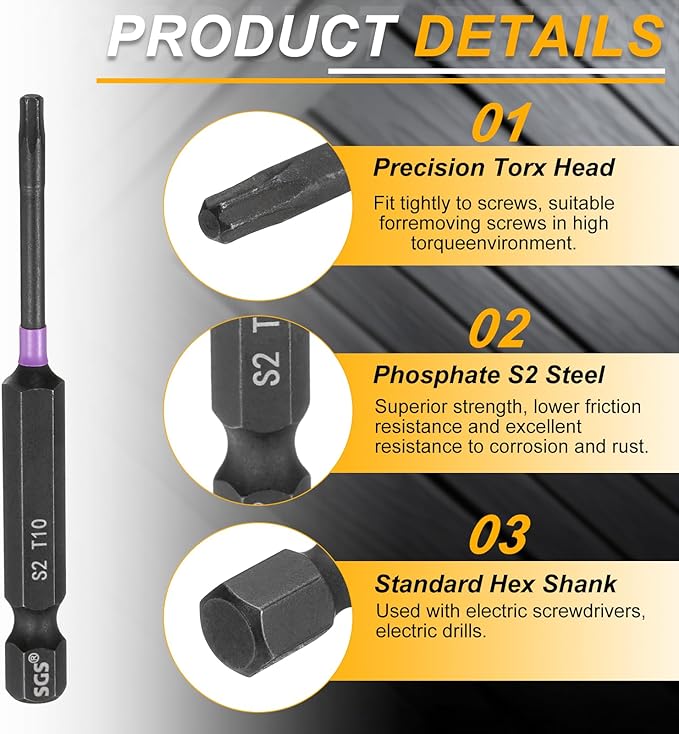 HARFINGTON 5pcs T10 Torx Head Impact Screwdriver Bits 1/4" Hex Shank 2.8" (70mm) Long Magnetic No Hole Tamper Proof 6 Point Star Screw Driver Drill Bits Phosphate S2 Steel Power Tools