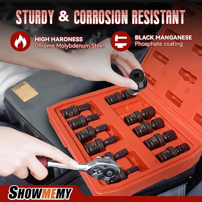 Drive Impact Universal Joint Socket Set, 6 Points, Shallow Swivel Socket Set, Cr-Mo Steel. Heavy Duty Storage Case (Metric 1/4", Metric 1/4")