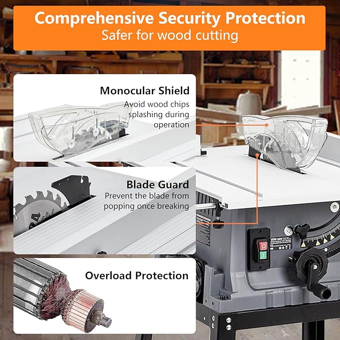 Table Saw 10 Inch 15A Multifunctional Saw With Stand & Push Stick, 5000RPM Portable Jobside Table Saw, 90° Cross Cut and 0-45° Bevel Cut Saw with Adjustable Blade Height for Woodworking, Jobsite