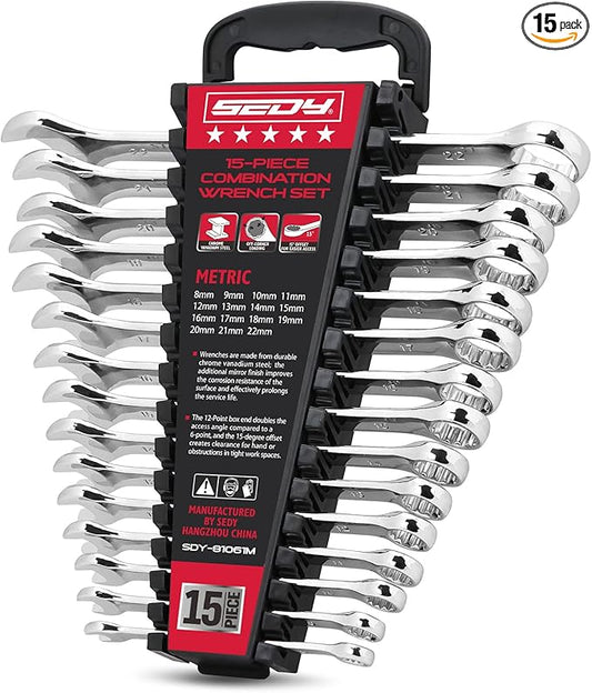 15-Piece Metric Combination Wrench Set, 8??2mm 12-Point Open End and Box End Wrench Kit with Organizer, Chrome Vanadium Steel Tools for Mechanics, Garages and Workshops