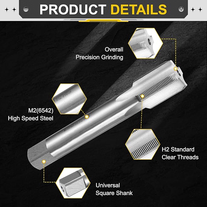 uxcell Hand Plug Tap M18 x 0.75 H2 Metric Thread Plug Style Taps Straight Flute Screw Tapping Threading Tool High Speed Steel HSS6542