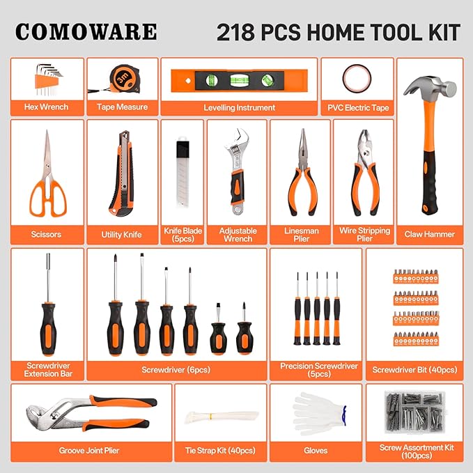 COMOWARE 218 Pcs Home Tool Kit - Basic Household Hand Tool Set, Truck Tool Kit Socket Wrench Combination Tool Set for Home with Plastic Toolbox Storage Case, Rv tool set竊똎range
