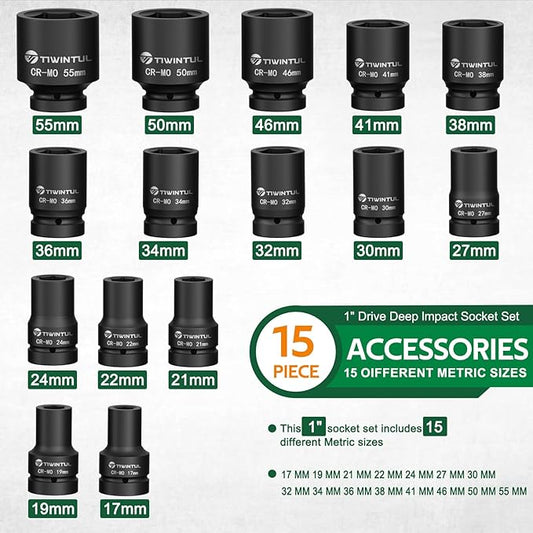 1 Inch Drive Deep Impact Socket Set,15 Pcs, Metric, CR-MO, 17/19/21/22/24/27/30/32/34/36/38/41/46/50/55mm Heavy Duty Large Sockets for Truck, Excavator & Industrial Use, with Metal Case