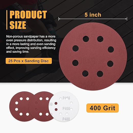 25 Pack 5 Inch Sanding Disc 400 Grit 8 Hole Round Hook and Loop Sandpapers Fit for Orbital Sander Automotive or Cars Repairing, Grinding or Polishing, Red