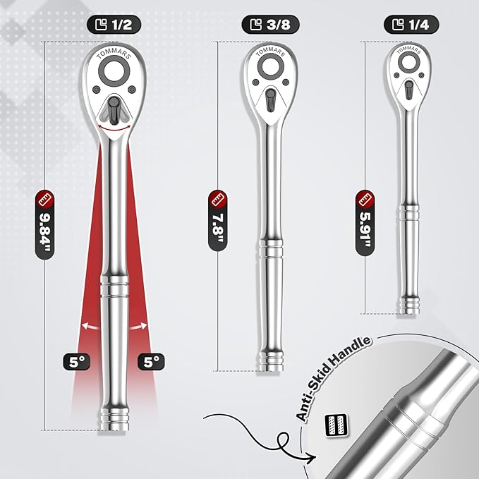 TOMMARS Ratchet Set 1/4" 3/8" 1/2" Drive Ratchet Socket Wrench Kit 72-Tooth Quick-Release Reversible, Cr-V Alloy Steel