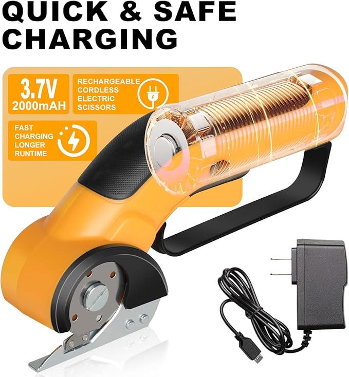 Cordless Electric Scissors Rechargeable with 2-Blade & Storage Bag, Powerful Rotary Cardboard Box Cutter 3.7V 2000mAh for Cloth Carpet Plastic Leather, Charging Cable(Yellow)