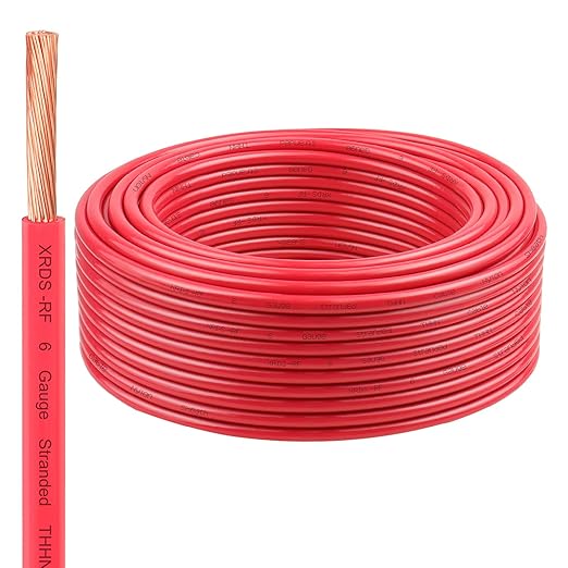 6 Gauge THHN Wire, 100FT Red Stranded Copper Electrical Wire, 600V, Heat & Oil Resistant, Nylon Sheath Building Wire for Indoor/Outdoor Use
