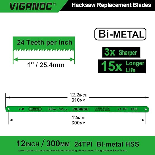 12" Hacksaw Replacement Blades, Bi-Metal High Speed Steel Hack Saw Blades - 24TPI HSS Saw Blades, 2 Pack