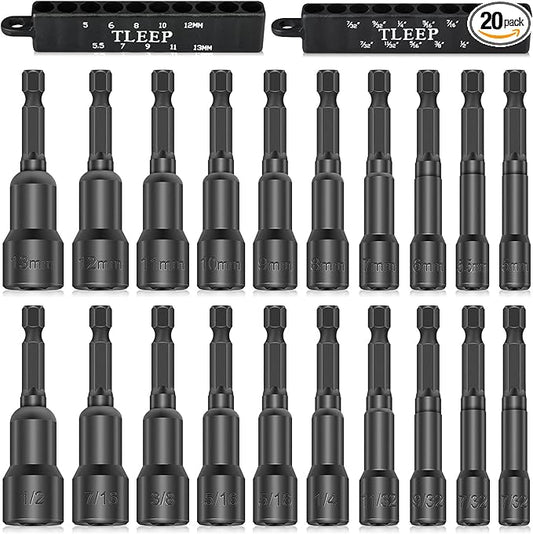 20 x 65MM Magnetic Power Nut Driver Set for Impact Drill, 1/4" Hex Head Drill Bit Set SAE & Metric Screwdriver Socket Set, Chrome Vanadium Steel Quick Change Chuck Socket Wrench Nut Setters