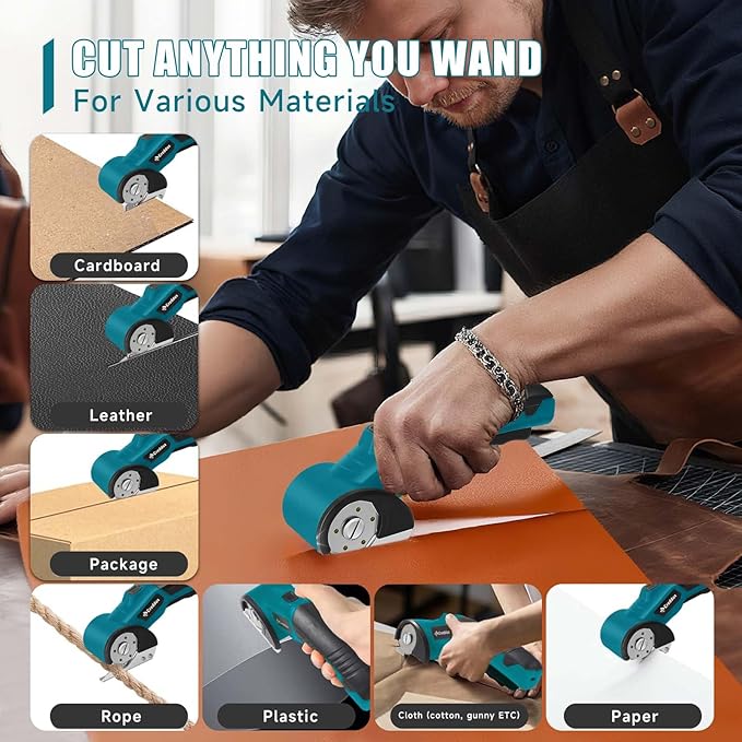 Cordless Electric Scissors竊똂ardboard Cutter Heavy Duty Scissor with 3 Blade, Safety Lock & Extra Blade竊똓otary Cutter for Cardboard Fabric Plastic Leather Dark Blue