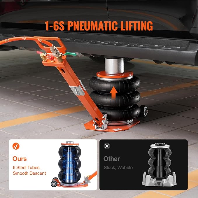VEVOR Air Jack, 3 Ton/6600 lbs Triple Bag Air Jack, with Heightened Column Lifting Up to 21.3 Inch & Adjustable Handle, with Thick Rubber Pad, 1-6S Lifting Pneumatic Bag Jack Fits for Car, SUV