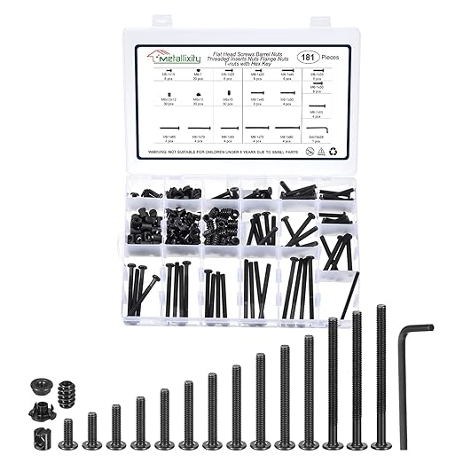 METALLIXITY Crib Screws Replacement Set(M6 x 15-80mm) 181Pcs, Connector Bolts M6 Screw Barrel Nuts T-Nuts and Flange Nuts Kits, for Chair Cabinet Bed, Black