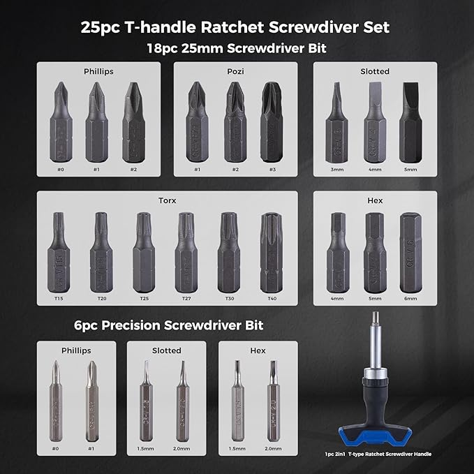 25pc T-Handle Screwdriver Set - Multi Bit Screwdriver Kit (Phillips, Pozi, Slotted, Hex, Torx) & 6pc Precision Bits + 2-in-1 T-Type (Black -25 pieces)