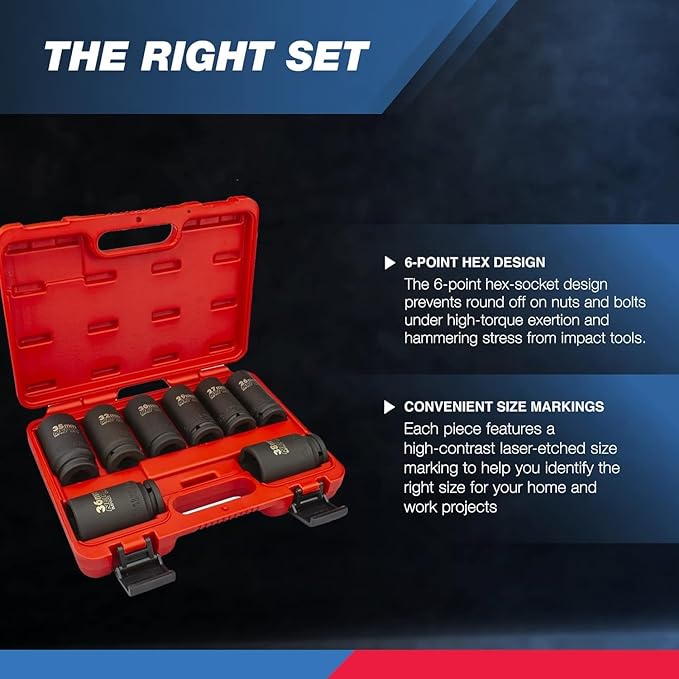 Neiko 02460A 3/4" Drive Deep Impact Socket Set, 8 Piece Jumbo Assortment | Metric Sizes (26 to 38 mm) | Chrome Vanadium Steel