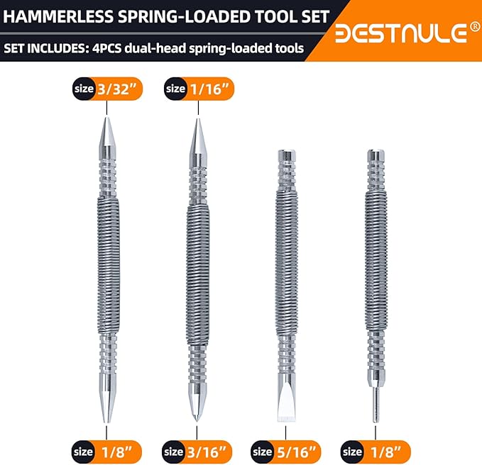 BESTNULE 4-Piece Nail Setter Dual Head Nail Set & Dual Head Center Punch & Hammerless Cold Chisel & Hinge Pin Remover Punch Set, Nail Setter Features 1/8-in, 3/32-in, 3/16-in, 1/16-in, 5/16-in, 1/8-in