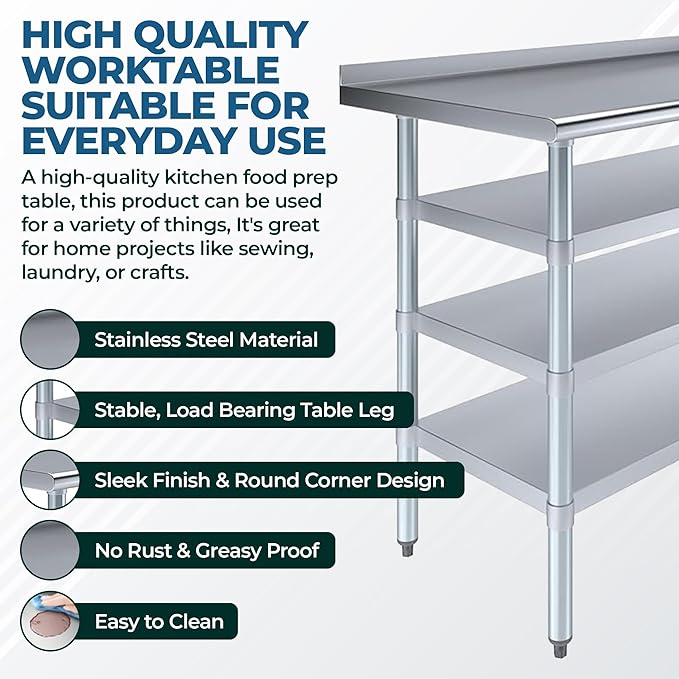 Stainless Steel Work Table with 1.5??Backsplash & 3 Shelves ??NSF Certified Metal Kitchen Food Prep Table ??(72" Long x 24" Deep)