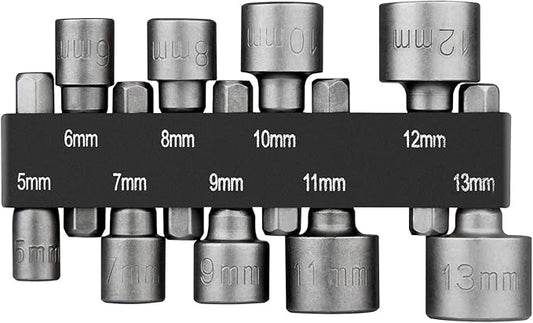 Nut Driver Set, HPHOPE 9 Pcs Socket Spanner Set 5-13mm Socket Bit Adapter 1/4 Inch Hex Shank, Suitable for Any Brand of Hand Drills, Electric Drills, Electric Screwdrivers and Socket Wrench