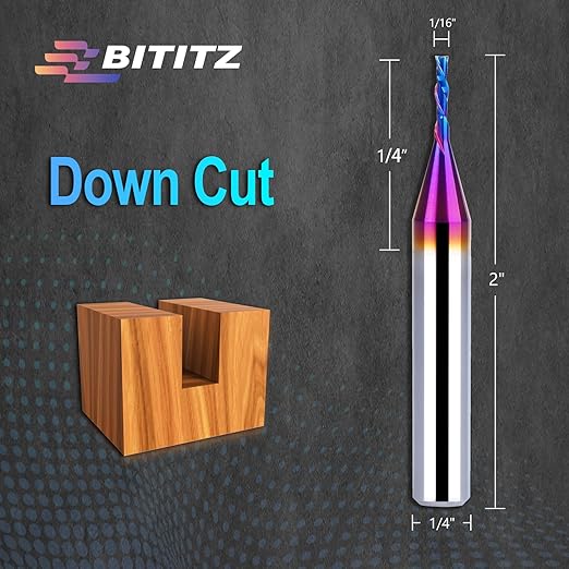2PCS Downcut Spiral Router Bit 1/4 Inch Shank 1/16 Inch Cutting Diameter 1/4 inch Cutting Length with Extra Long Life Coating CNC Router Bits End Mill for Wood Cutting, Slot Mortise, Engraving